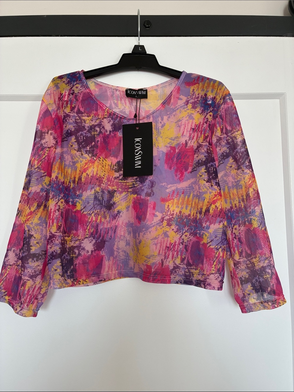 Pink & Purple Abstract mesh crop Swim Coverup